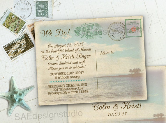 beach vintage postcard wedding reception elopement invitations magnets we do rustic beach save date tropical destination elopement invitations