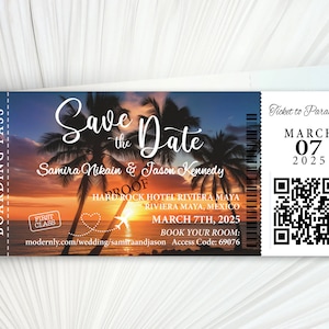 Beach boarding pass passport wedding save the date cards magnets invitations travel destination aqua