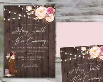 Quinceanera invite boots save the date Wedding invitation reception country wood flowers boots invitations
