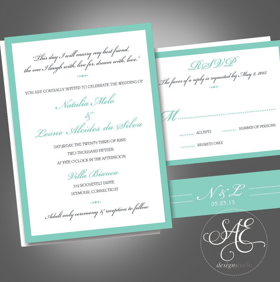 Mint Blue Wedding Invitation Invitations Invites Rsvp Cards Postcards Navy Aqua Turquoise Teal Coral Beach Destination Nautical Robins Egg