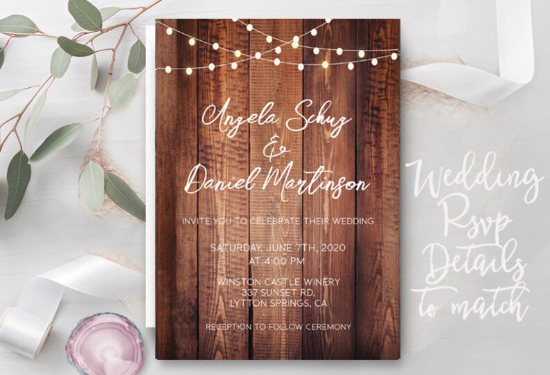 Rustic Lights Country Wedding Invitations RSVP Cards Postcards Mason Jars String Strung Lights Wood Country Beach Burlap Grey wood cheap Bild 4