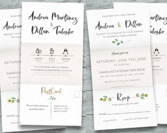 Concertina trifold Wedding Invitations RSVP Postcard 3.5 x 5.5 folded Wreath Green Vintage Rustic Country