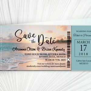 Beach boarding pass passport wedding save the date cards magnets invitations travel destination aqua