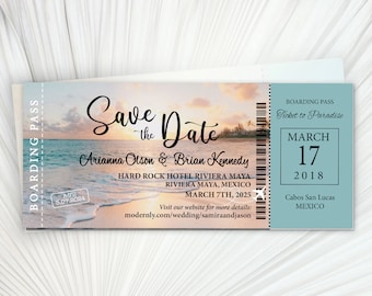 Beach boarding pass passport wedding save the date cards magnets invitations travel destination aqua
