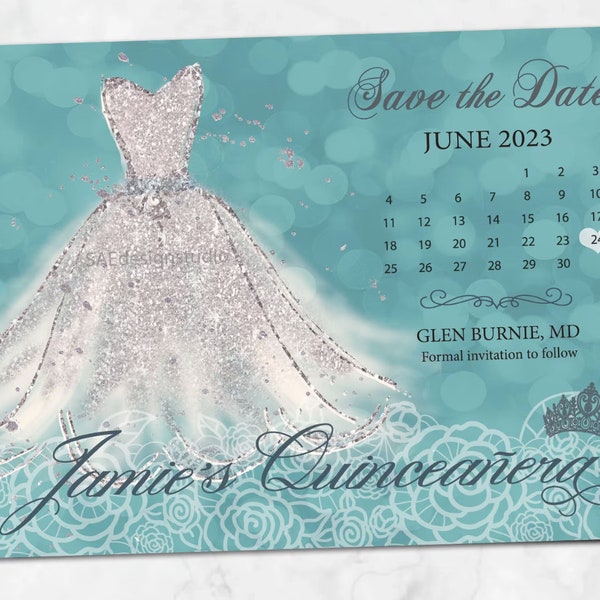 Quinceanera save the date magnet, card Pearlescent Shimmer, Save the date quinceanera teal green blue dress sweet 16