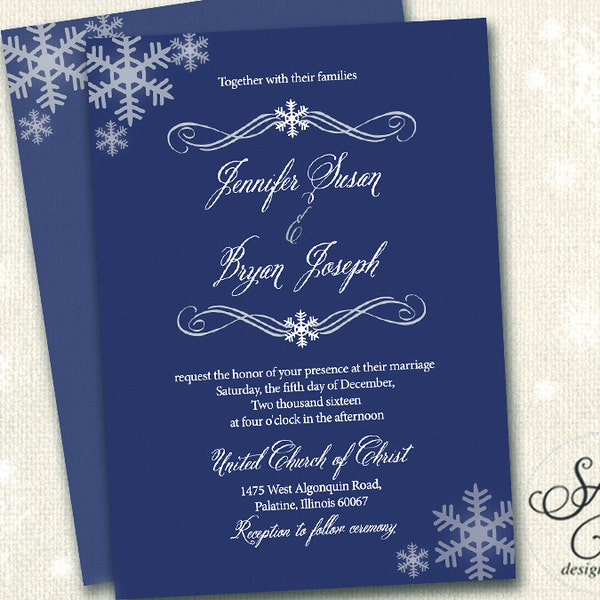 Navy Winter Snowflake Wedding Invitations Invites Announcements RSVP Cards Postcards Wedding Printed Plum Burgundy Coral peach blush gold