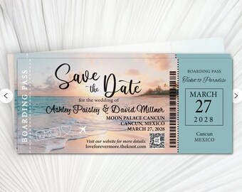 Beach boarding pass passport wedding save the date cards magnets invitations travel destination aqua