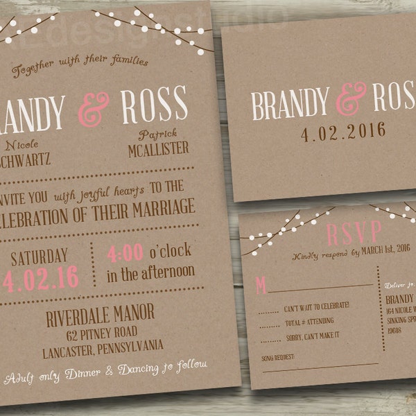 Rustic Wedding Invitations Invites Kraft Pink Burgundy Navy Mint Blue Aqua Teal Coral Pink Blush Beach Country Rustic