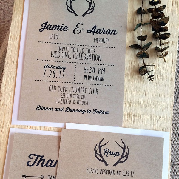 Wedding Invitations Invites RSVP cards Country Rustic Antlers Deer Hunting Kraft Navy Coral Grey Coral Yellow Mint Grey Green Red Beach