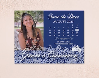 Pink Quinceanera Save The Dates Photo Magnets Cards Navy Blue Birthday Calendar Lace Navy Burgundy Pink sweet 16 pink gold silver purple