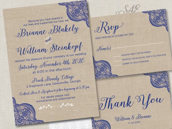 Navy Lace Wedding Invitations Invites Magnets Cards Rsvp Etsy
