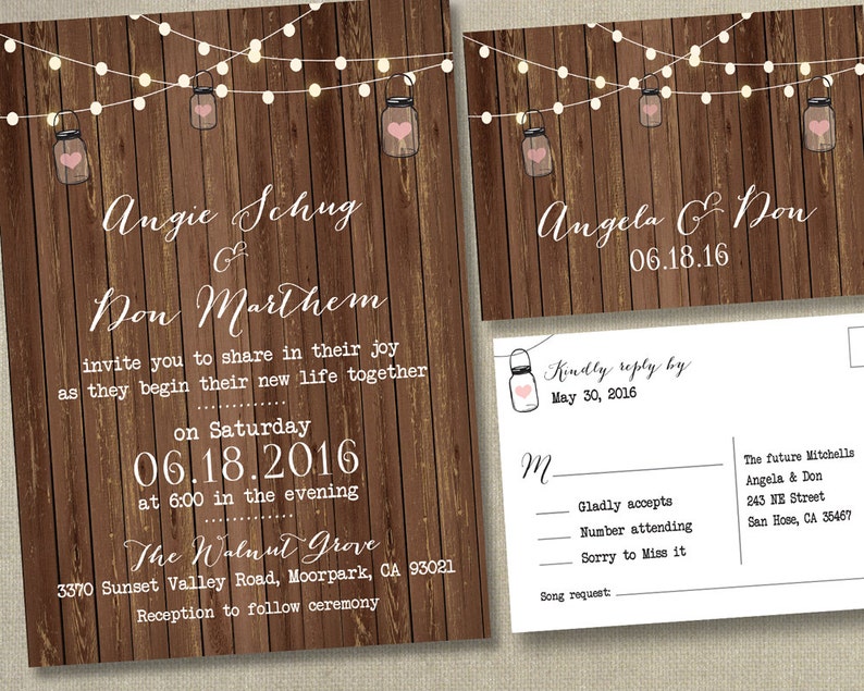 Rustic Lights Country Wedding Invitations RSVP Cards Postcards Mason Jars String Strung Lights Wood Country Beach Burlap Grey wood cheap Bild 7