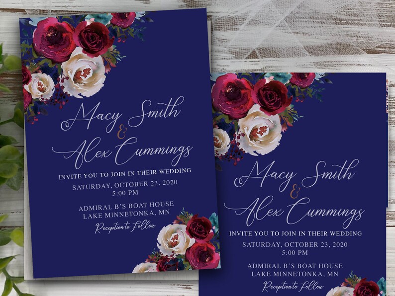 Country Boots Navy Rose Gold Burgundy pink maroon Flowers Wood Wedding Invitation rsvp set Save the date card magnet mason jar