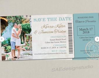 Boarding Pass Ticket Passport Wedding Save the Date Wedding Reception Invitation Card Magnet Destination Nautical Travel template cruise