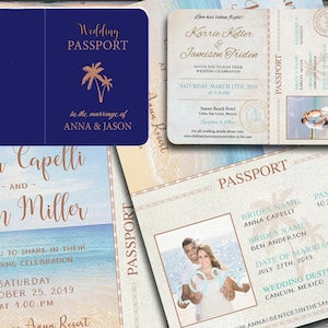 Passport Wedding Invitations only Passport boarding pass style Rose gold Beach Pink Navy Mint Blue beach tropical destination