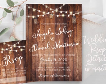 Rustic Lights Country Wedding Invitations RSVP Cards Postcards Mason Jars String Strung Lights Wood Country Beach Burlap Grey wood cheap