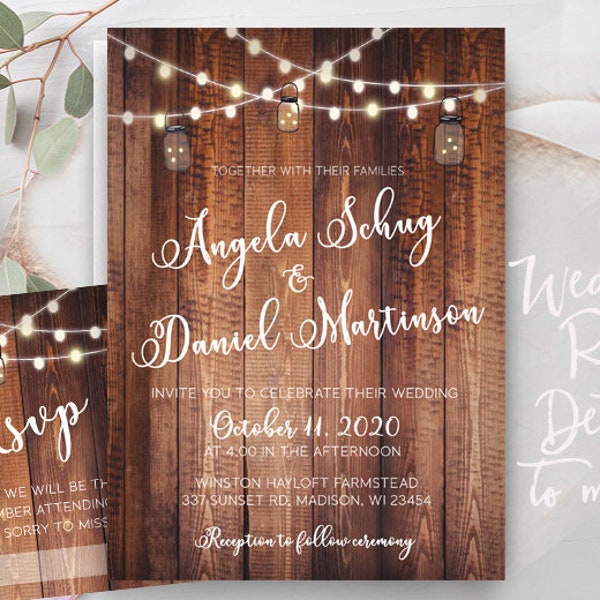 Rustic Lights Country Wedding Invitations RSVP Cards Postcards Mason Jars String Strung Lights Wood Country Beach Burlap Grey wood cheap
