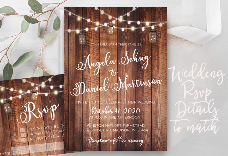 Rustic Lights Country Wedding Invitations RSVP Cards Postcards Mason Jars String Strung Lights Wood Country Beach Burlap Grey wood cheap Bild 1