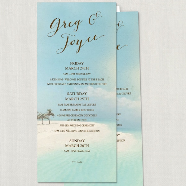 Beach Wedding Reception Table Menu  Size Cards 4 x 9 ish Printed modern script thank you custom color Navy Coral Peach Pink Blue itinerary