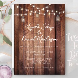 Rustic Lights Country Wedding Invitations RSVP Cards Postcards Mason Jars String Strung Lights Wood Country Beach Burlap Grey wood cheap Bild 3