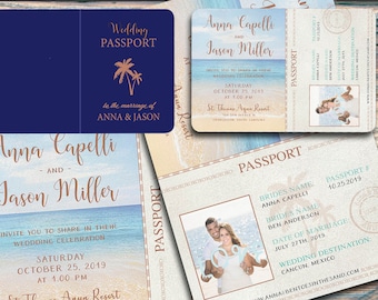 May include: A passport-style wedding invitation with a beach theme. The invitation features a blue and white background with a palm tree and the text "Wedding Passport" in gold. The invitation also includes the names of the couple, "Anna Capelli" and "Jason Miller", and the date of their wedding, "Saturday, October 25, 2019".