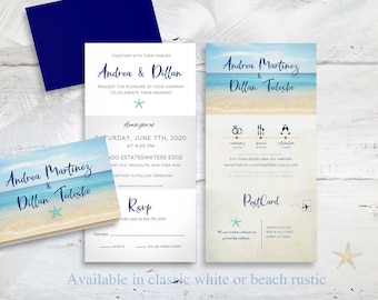 Concertina TriFold beach Wedding Invitation, All in One Wedding Invite, Photo wedding invite Beach Wedding destination passport