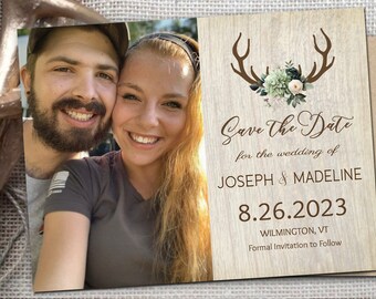 Rustic Boho Wedding Save date invites Photo Cards Magnets Country wood Antler Deer Floral Colorado Mountain camp Multiple photos