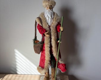 Vintage Rustic Santa Claus with carved wood faux fur trim, 1950 era, home decor Christmas holiday season