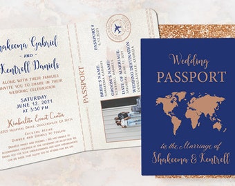 May include: A wedding invitation in the form of a passport with a rose gold and navy blue color scheme. The invitation features a world map and the text "Wedding Passport" and "to the marriage of Shakeema & Kentrell".