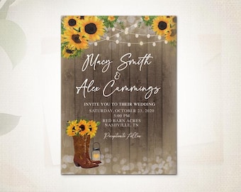 Country wedding Boots Birthday wedding Shower Reception Cowboy western boot invitations save the dates Quinceanera sun flowers wood lights