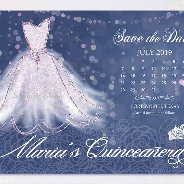 Blue Pink Grey Quinceanera Save The Dates Photo Magnets Cards Girl Birthday Calendar Lace Navy Blue Silver Pink Rose Gold Sweet 15 16 Quince