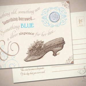 Wedding Sixpence Coin Gift Bride Something old new borrowed blue a lucky silver sixpence tucked in her your shoe  bridal shower gift card