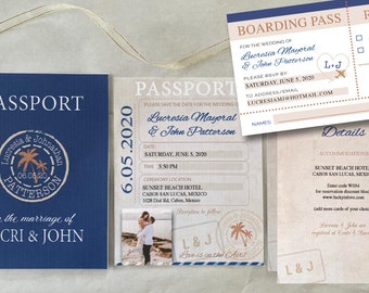 May include: A passport-style wedding invitation with a blue cover and a stamp that says "Lucresia & Johnathan Patterson 06.05.20". The invitation includes a photo of the couple, a date, time, and location for the wedding ceremony, and a RSVP card.