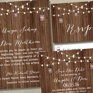 Rustic Lights Country Wedding Invitations RSVP Cards Postcards Mason Jars String Strung Lights Wood Country Beach Burlap Grey wood cheap Bild 5