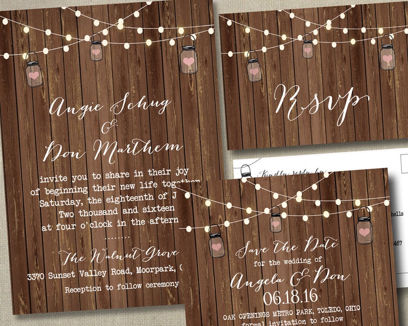 Rustic Lights Country Wedding Invitations RSVP Cards Postcards Mason Jars String Strung Lights Wood Country Beach Burlap Grey wood cheap Bild 5