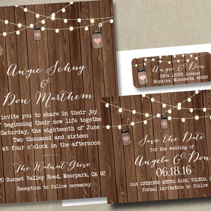 Rustic Lights Country Wedding Invitations RSVP Cards Postcards Mason Jars String Strung Lights Wood Country Beach Burlap Grey wood cheap Bild 9