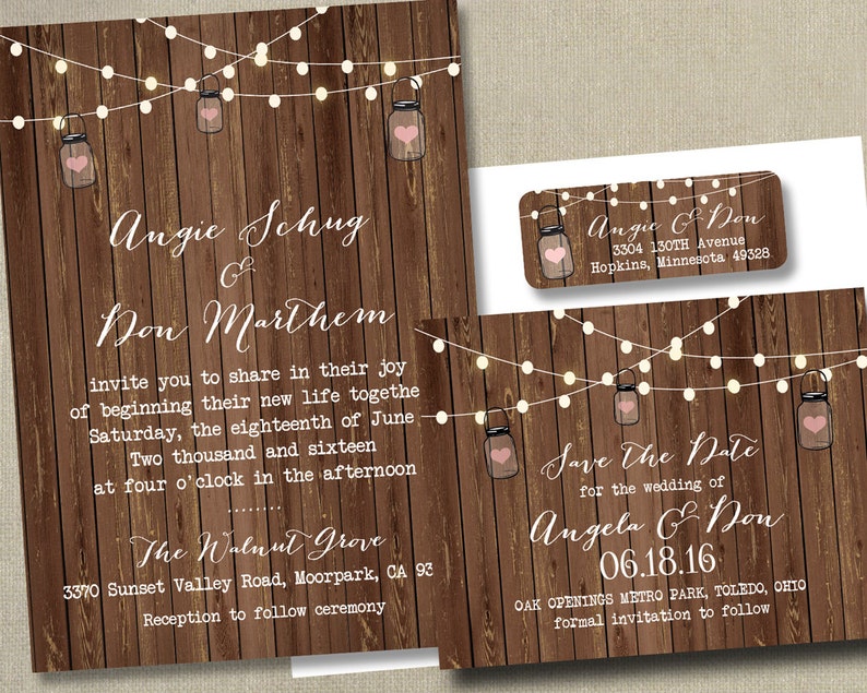 Rustic Lights Country Wedding Invitations RSVP Cards Postcards Mason Jars String Strung Lights Wood Country Beach Burlap Grey wood cheap Bild 9