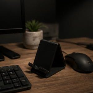 May include: A black, triangular-shaped mobile phone stand with a ribbed texture on its surface. The stand features a small horizontal ledge at the bottom to support a device in an upright position, constructed from a solid, matte-finished material.