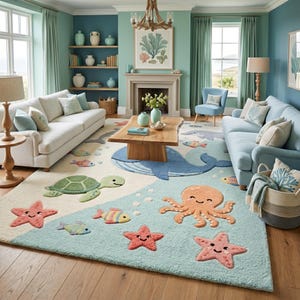 Hand Tufted Wool Coastal Rug | Sea Animals, Whale, Turtle, Octopus Nursery Decor