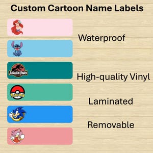 May include: Custom Cartoon Name Labels featuring six rectangular stickers in pink, light blue, dark teal, mint green, blue, and light pink. Each label displays a character icon including Ariel, Stitch, Jurassic Park, Pokemon, Sonic, and Amy Rose.