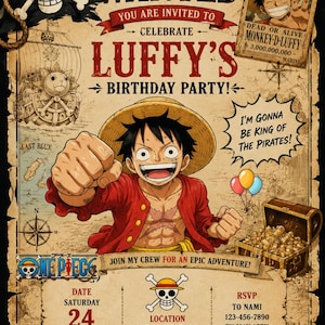 Może przedstawiać: Zaproszenie urodzinowe z motywem One Piece przedstawiające Monkey D. Luffy'ego w słomkowym kapeluszu i czerwonej koszuli. Tło w stylu pergaminu zawiera list gończy, skrzynię skarbów, kompas oraz szczegóły wydarzenia na 24 maja 2025 roku.