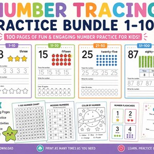 May include: A digital number tracing practice bundle featuring 100 pages of PDF worksheets for numbers 1-100. The layout includes tracing exercises, counting activities, a number chart, missing number sheets, color by number, flashcards, and a certificate.