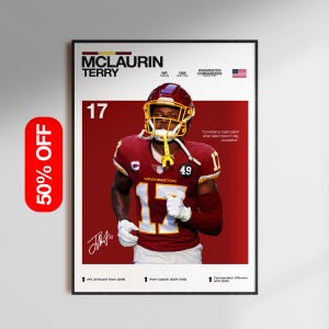 Pode incluir: Um pôster emoldurado com Terry McLaurin do Washington Commanders em seu uniforme bordô e dourado. O pôster inclui seu nome, posição e detalhes da equipe, junto com o número 17. O pôster tem um adesivo de 50% de desconto.