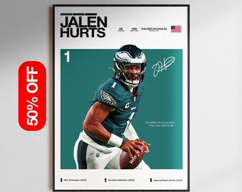 Póster de Jalen Hurts, Arte de pared de los Philadelphia Eagles, Impresión de fútbol americano de la NFL, Descarga digital de mariscal de campo, Regalo de decoración deportiva para fanáticos de los Eagles