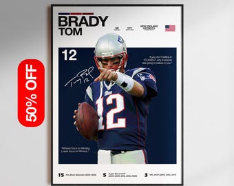 Póster de Tom Brady, arte mural del mejor jugador de la NFL de todos los tiempos, lámina de leyenda del fútbol americano, descarga digital de quarterback, regalo de decoración deportiva para aficionados al fútbol americano.