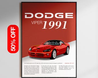 Lámina del deportivo Dodge Viper de 1991, decoración automovilística retro (descarga digital)