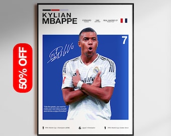 Kylian Mbappé poster, voetbal superster kunst aan de muur, voetbalster print, sport digitale download, Real Madrid fan decor, voetbal kamer poster
