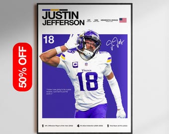 Póster de Justin Jefferson, arte mural de los Minnesota Vikings, lámina de fútbol americano de la NFL, descarga digital de receptor abierto, regalo de decoración deportiva para los fanáticos de los Vikings.