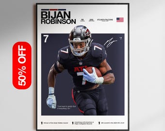 Póster de Bijan Robinson, Arte de pared de los Atlanta Falcons, Impresión de fútbol americano de la NFL, Descarga digital del corredor, Regalo de decoración deportiva para fanáticos de los Falcons