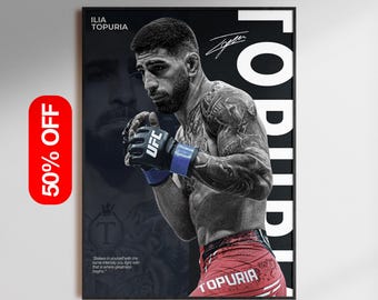 Póster de Ilia Topuria, arte mural de campeón de la UFC, lámina de luchador de MMA, descarga digital de campeón de peso pluma, regalo decorativo de la UFC para aficionados a las peleas.